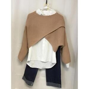 [215] Sweater Shirt Jeans Set Tan White Dark Wash Denim Outfit Casual, size 2